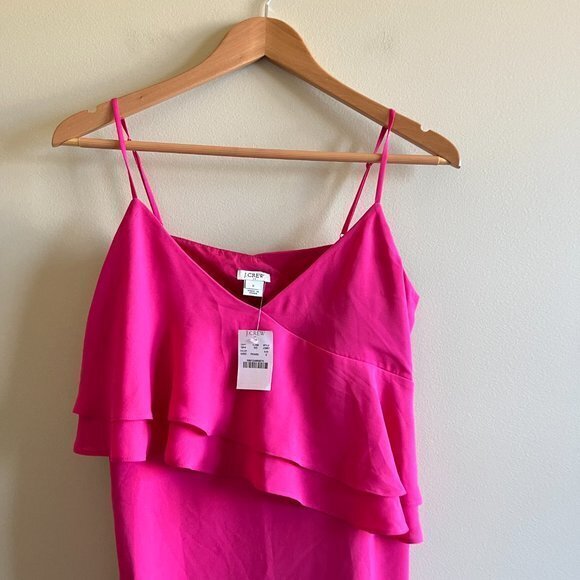 NEW J.Crew‎ Mini Dress Hot Pink Spaghetti Strap Flounce Ruffle - Picture 5 of 13